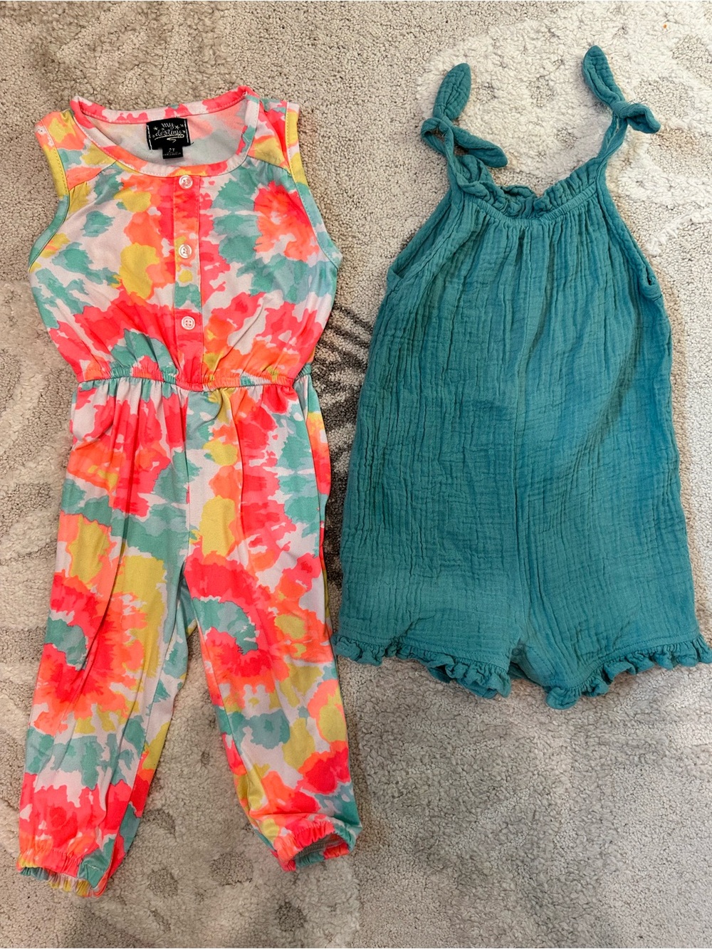 Baby Girl 18-24 month Bundle Floral Multi-Color Romper and Teal Shortall